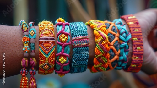 A close up of a hand wearing a lot of colorful handmade bracelets. © Rattanathip