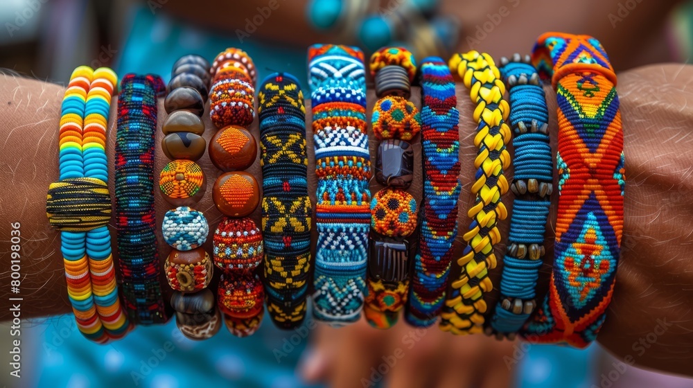 A close up of a person's arm wearing many colorful beaded bracelets. A close up of a person's arm wearing many colorful beaded bracelets.