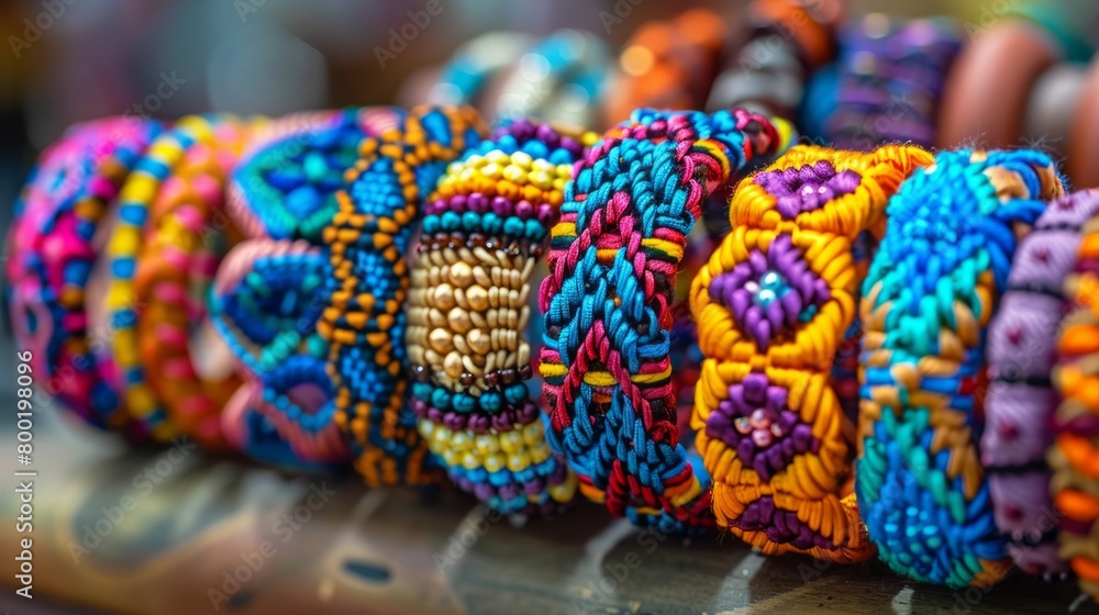 A close up of a variety of handmade beaded bracelets with vibrant colors.