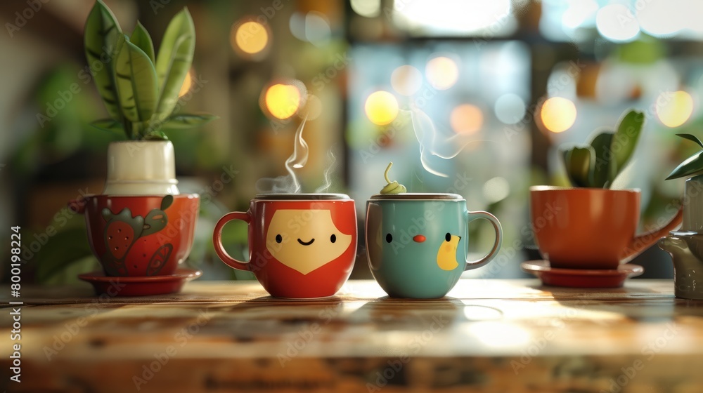 A close up of two cartoonish coffee mugs sitting on a table with plants in the background. A close up of two cartoonish coffee mugs sitting on a table with plants in the background.