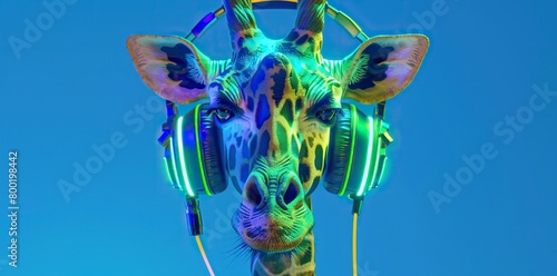 Cute giraffe with chunky neon headphones in 3D illustration. Crisp neo-pop style with gadgetpunk elements. photo