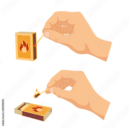 illustration of person's hand  lights a match using matchbox, striking, rubbing a match, isolated on white. Hand holding burning wooden match stick. Fire safety. Lighting concept