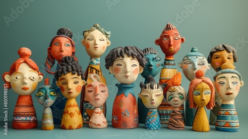 A collection of colorful ceramic sculptures of human heads with various facial expressions. © Rattanathip