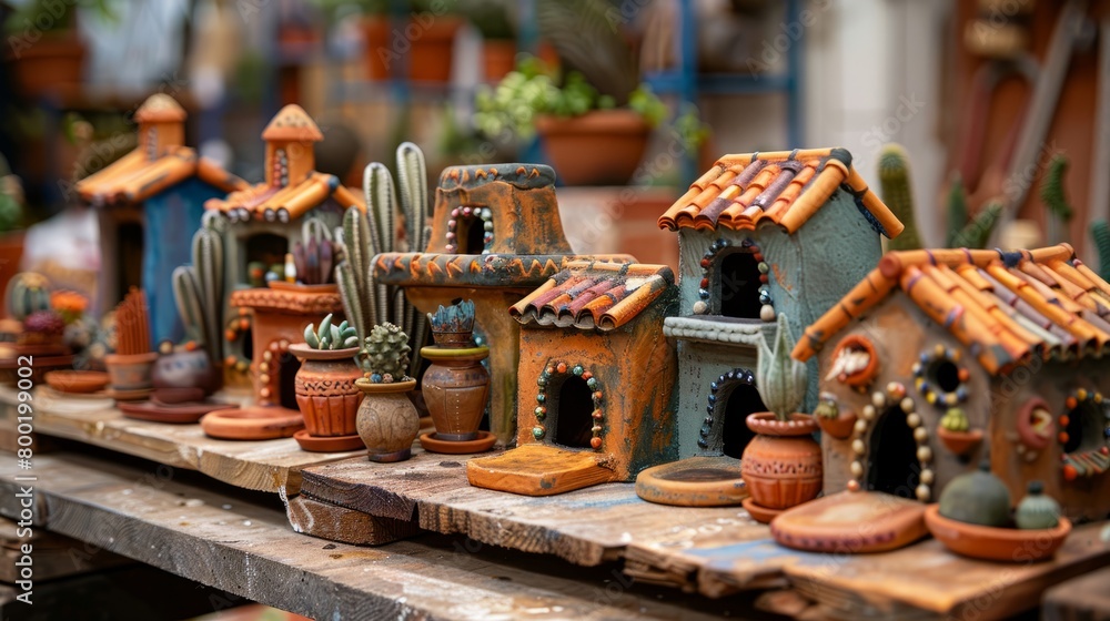 A collection of small, colorful, Mexican-style clay houses with cacti in front of them.