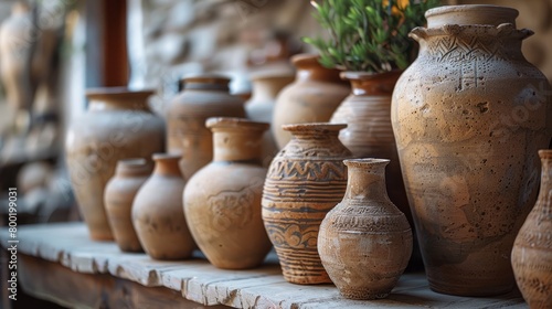 A collection of various clay pots on a wooden table.