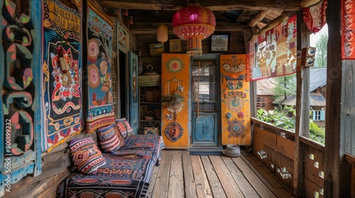 A colorful bohemian living room with a sofa, pillows, and patterned walls and floor.