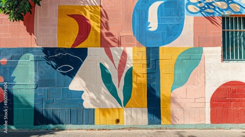 A colorful mural of geometric shapes and abstract figures painted on a brick wall.