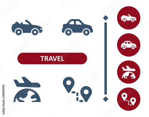 Travel icons. Tourism, car, convertible, plane, around the globe, earth, route, destination icon