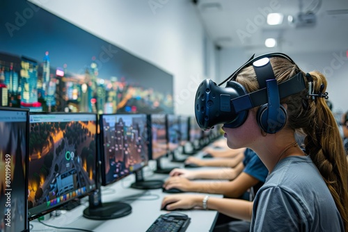 A bustling classroom filled with students engaged in a virtual reality simulation They navigate a polluted cityscape, learning firsthand the consequences of unsustainable practices Data visualizations photo