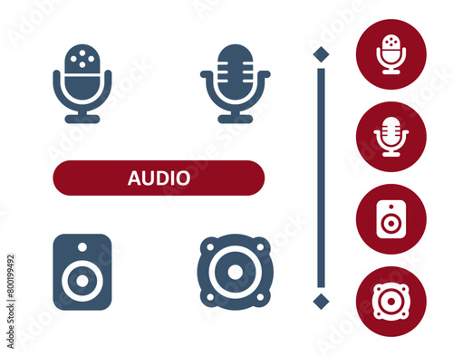 Audio icons. Sound, microphone, radio microphone, podcast, speaker, subwoofer icon