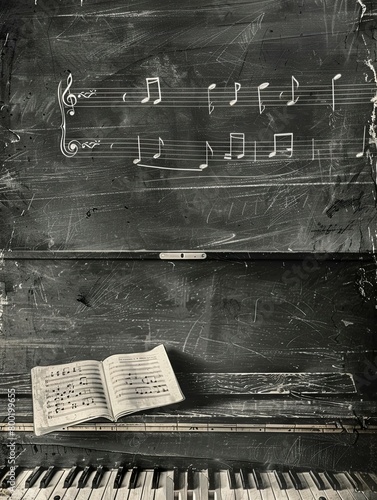 Creative Music Sketch A Piano Score Illustrated on a Vintage Chalkboard Wall photo