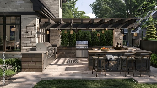 An outdoor kitchen with a built-in grill, bar seating, and a covered dining area