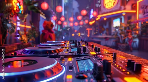 A dj turntable setup with a blurred background of a city at night.