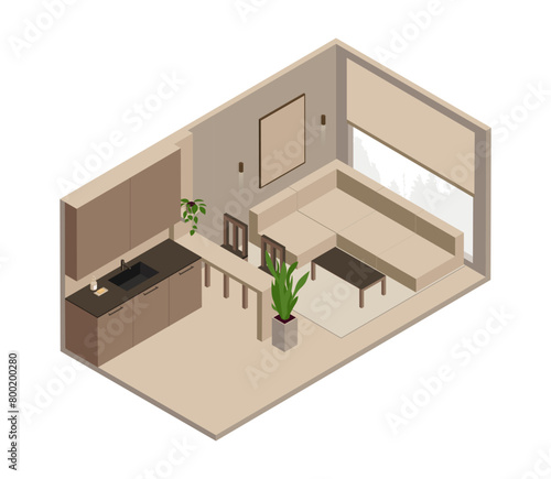 Vector isometric low poly minimalistic cozy living room and kitchen area with various furniture. Modern vector illustration.