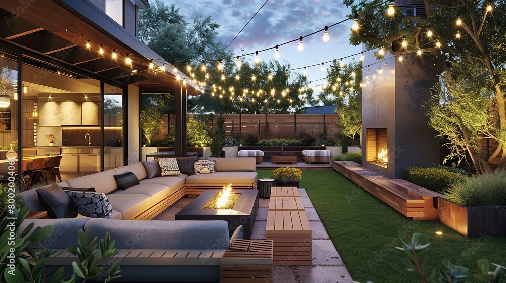 An outdoor lounge area with a built-in fireplace, sectional seating, and string lights