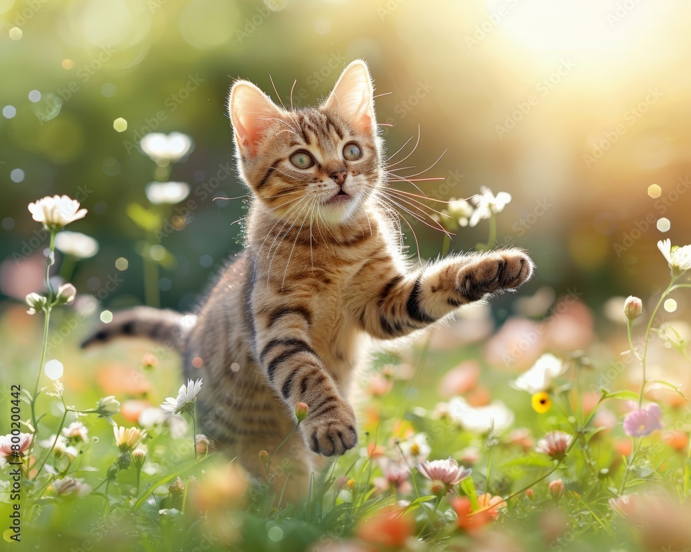 Fototapeta premium A cute gray striped kitten frolicking on a grassy lawn in springtime, surrounded by blooming flowers and greenery, Summer illustration on the theme of pets.