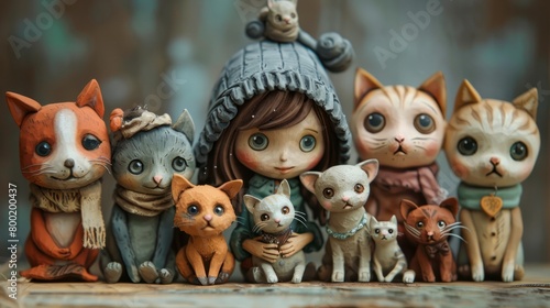 A girl is sitting on a bench with her cats. The girl is wearing a blue dress and a red hat. The cats are all different colors and sizes.
