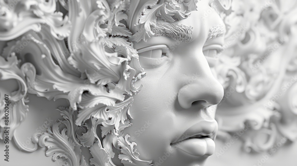 A grayscale image of a woman's face with ornate leaves growing out of her head. A grayscale image of a woman's face with ornate leaves growing out of her head.