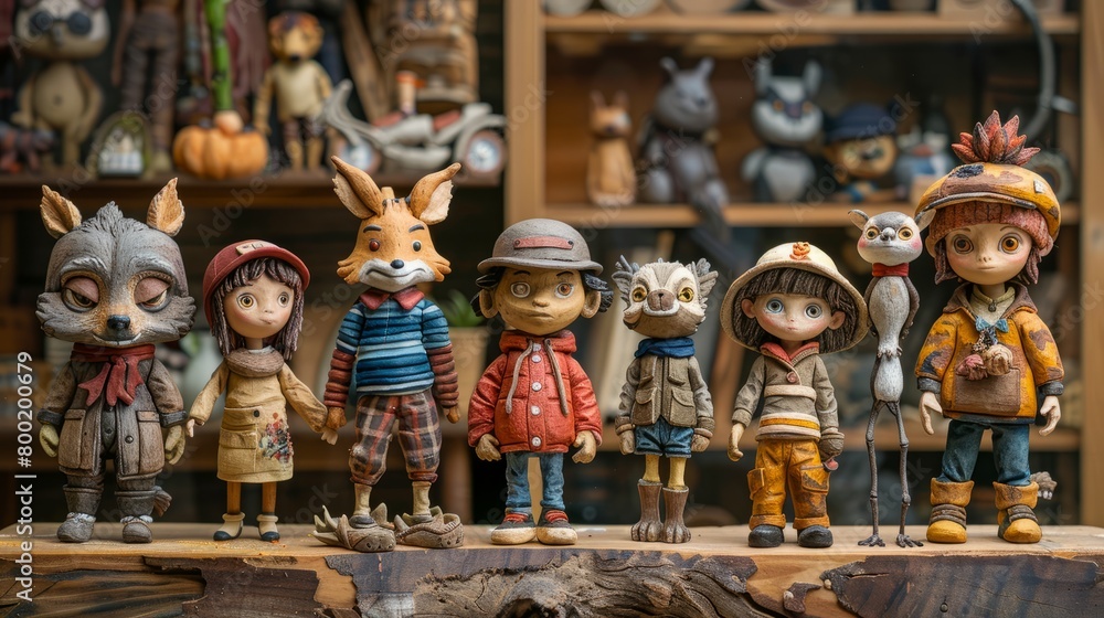 Fototapeta premium A group of figurines of children and animals, made of wood, with jointed limbs, standing on a wooden table against a background of shelves with wooden toys.