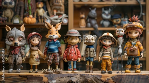 A group of figurines of children and animals, made of wood, with jointed limbs, standing on a wooden table against a background of shelves with wooden toys. photo