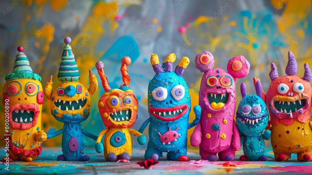 A group of colorful and wacky monsters made of clay.