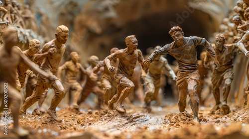 A group of clay sculptures of people running in a tunnel photo