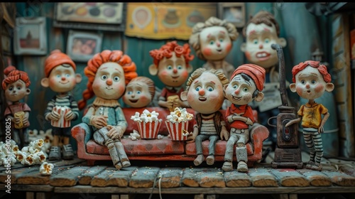 A group of claymation characters are sitting on a couch and watching TV. They are all eating popcorn and look very happy.
