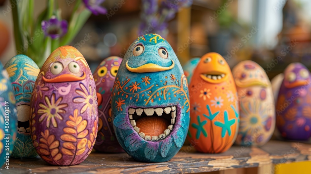 A group of colorful, hand-painted Easter eggs with googly eyes and silly faces. A group of colorful, hand-painted Easter eggs with googly eyes and silly faces.
