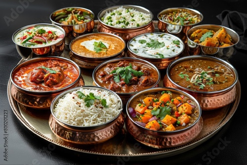 Assorted indian food on dark wooden background. Bowls with different dishes of indian cuisine. Pilaf, butter chicken curry, rice, palak paneer.