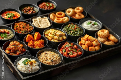 Assorted indian food on dark wooden background. Bowls with different dishes of indian cuisine. Pilaf, butter chicken curry, rice, palak paneer.