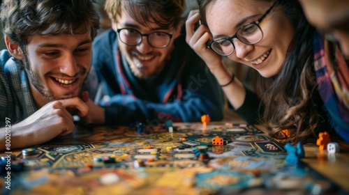 A group of friends are playing a board game and they are all smiling and having fun.