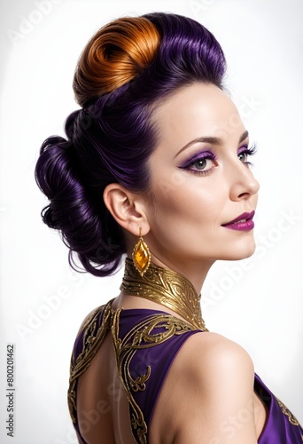 Lady with purple updo hair wearing purple cosmetic make up.