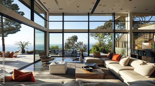 A contemporary living room with floor-to-ceiling windows and panoramic views