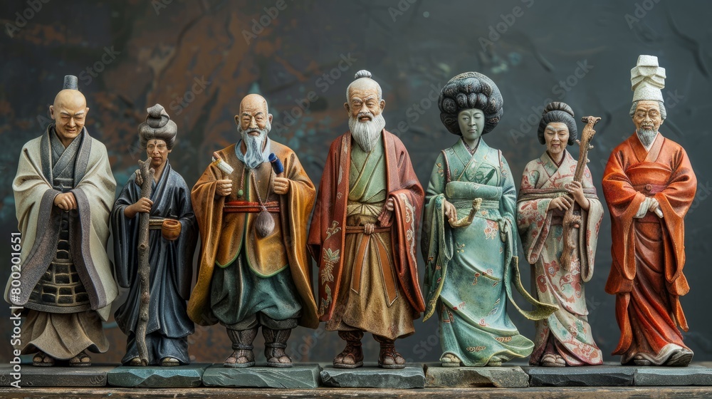 A group of seven wooden sculptures depicting various historical figures.