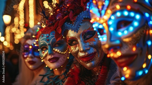 A group of people wearing Venetian masks at a masquerade ball © Rattanathip