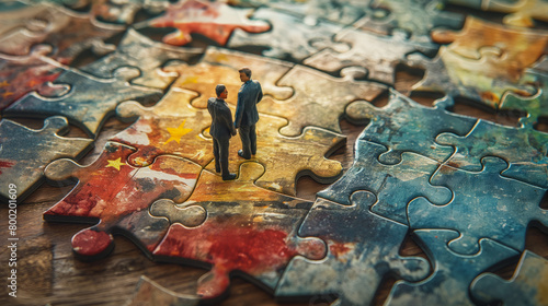 Two small figurine businessmen stand amongst puzzle pieces with world flags, denoting global trade and strategy photo