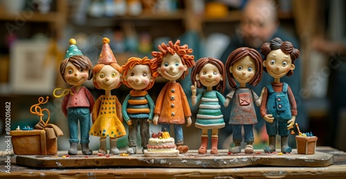 A group of seven claymation characters are having a birthday party. photo