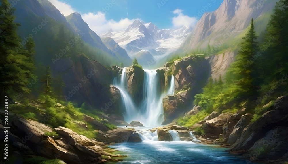 Landschaft Sommer Berg Wasserfall. Wallpaper für den Computer.