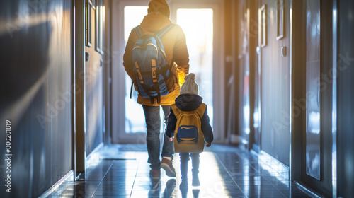 A father taking his child out from school .an aspirational image depicting the efficiency of a parent getting their kids out the door for school, framed against a minimalist hallway background.