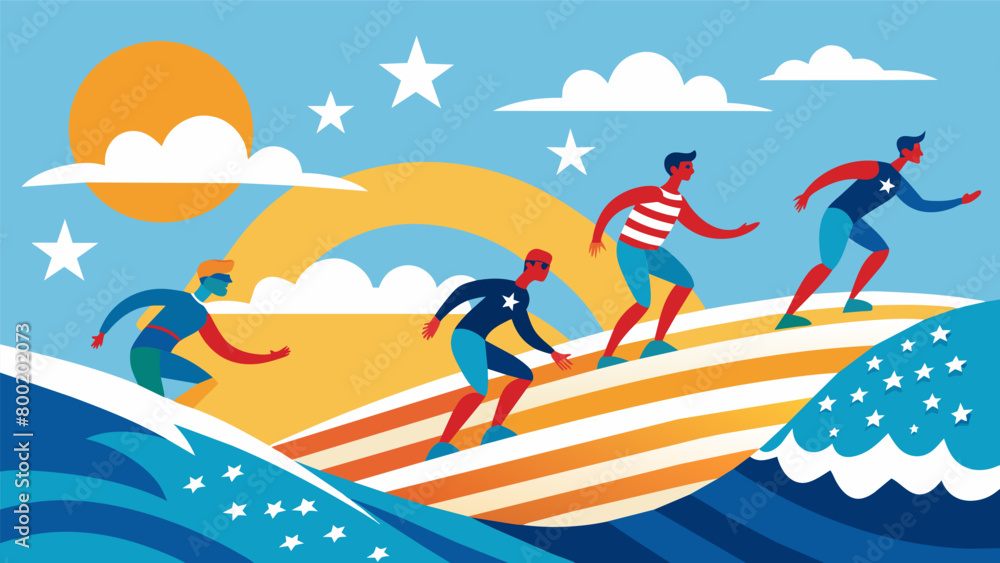 The ocean glitters under the bright sun as surfers clad in stars and stripes wetsuits ride the crest of the waves a stunning display of patriotism and. Vector illustration The ocean glitters under the bright sun as surfers clad in stars and stripes wetsuits ride the crest of the waves a stunning display of patriotism and. Vector illustration