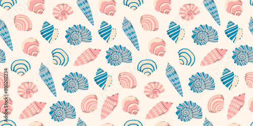 Pattern of seashells on white. Ocean exotic underwater seashell conch aquatic mollusk, sea spiral snail, marine starfish. Hello, summer. Vacation. Undersea background. Tropical beach.