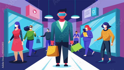 A virtual reality simulation of a busy shopping mall helping someone with agoraphobia gradually confront their fear.. Vector illustration