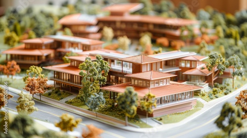 A miniature model of a housing complex with trees and a road
