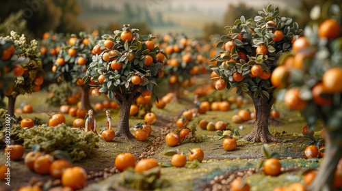 A miniature orange grove with two people picking oranges. photo