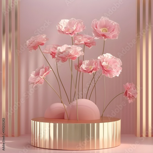 gold pedestal or podium with flowers on pink background photo