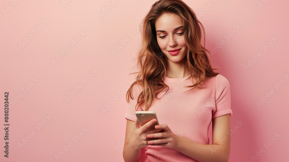 A young woman using her smartphone against a pastel background. A young woman using her smartphone against a pastel background.