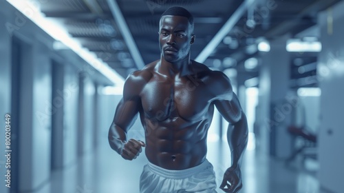 A muscular black man is running in a brightly lit room. He is wearing white shorts and no shirt. © Rattanathip