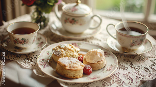 A table set with a variety of scones, clotted cream, and tea.
