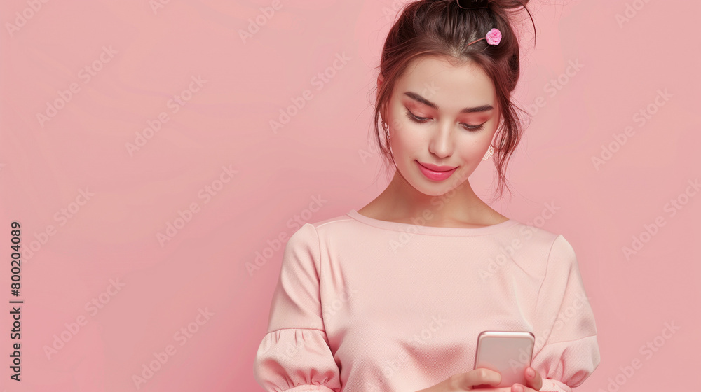 A young woman using her smartphone against a pastel background.