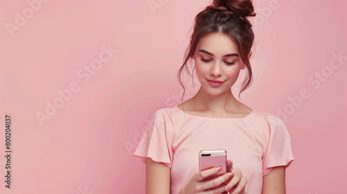 A young woman using her smartphone against a pastel background.